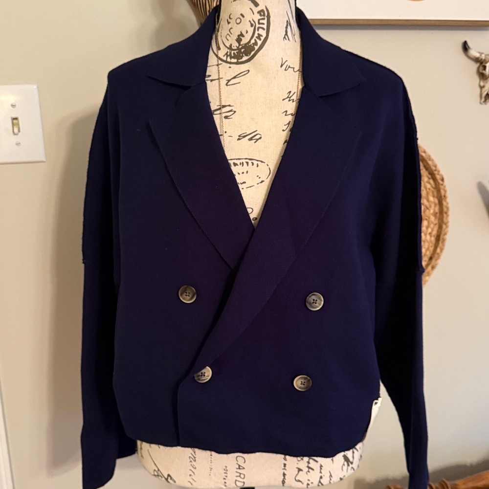 FREE PEOPLE We The Free Sadie Crop Sweater Blazer Midnight Blue Jacket NEW